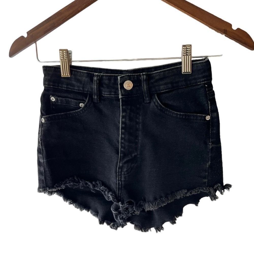 Zara‎ Black Denim Shorts with Frayed Hem